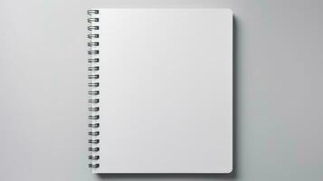 Mockup. A clean open notebook with blank sheets on a clean white background. Top view. Flat lay. With copy space. Template for design. Close up. Spiral organizer.. AI generated photo