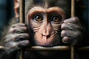 Little Monkey locked in cage. Emaciated, skinny lonely chimpanzee in cramped cage behind bars with sad look. The concept of keeping animals in captivity where they suffer. AI generated photo