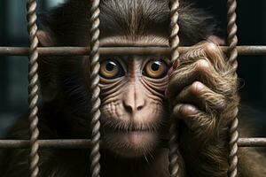 Unhappy Monkey locked in cage. Emaciated, skinny lonely chimpanzee in cramped cage behind bars with sad look. The concept of keeping animals in captivity where they suffer. AI generated photo
