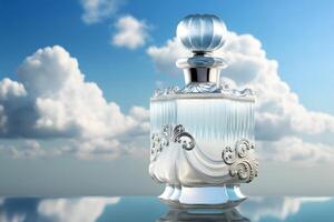 beautiful perfume bottle against the background of the sky and clouds. Neural network AI generated art photo