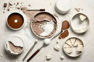 Flat lay composition with various makeup face powders on white background. Neural network AI generated photo