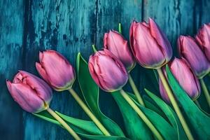 Frame of tulips on turquoise rustic wooden background. Spring flowers. Neural network AI generated photo
