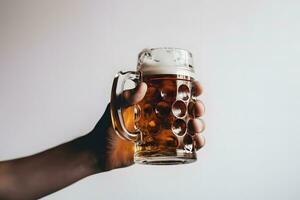 mano participación un vaso de cerveza en un blanco antecedentes. neural red ai generado foto