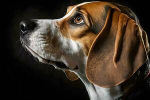 Beagle dog in portrait against black background. Neural network AI generated photo