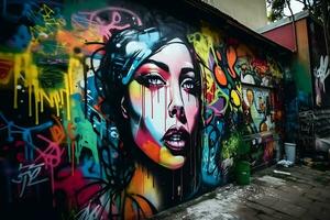 Beautiful street art graffiti style. The wall is decorated with abstract drawings house paint. Neural network AI generated photo