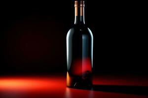 botella de vino en un oscuro antecedentes. Beaujolais nouveau. neural red ai generado foto