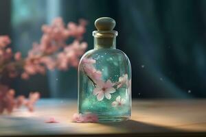 Glass bottles with flower extract. Neural network AI generated photo