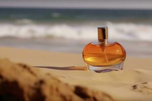 A bottle of perfume on the seashore is enveloped in a wave. Yellow sand on the beach, marine cosmetics and fragrance. Neural network AI generated photo