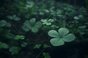 Four-leaf clover with drops. Neural network AI generated photo