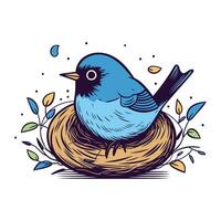 Hand drawn vector illustration of a bird in a nest with leaves.