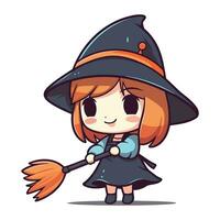 Cute cartoon girl in a witch costume. Halloween vector illustration.