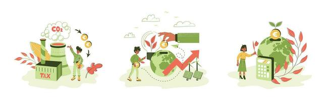 Sustainability illustration set. Characters showing ways to reduce CO2 emission through carbon tax, credit and eco investing. Low carbon and environmental responsibility concept. Vector illustration.