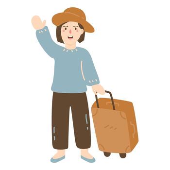 turistas con equipaje levantamiento manos arriba vector