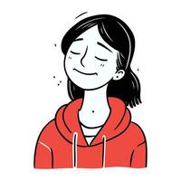 Vector illustration of a girl with closed eyes in a red hoodie.