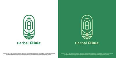 Herbal clinic logo design illustration. Silhouette of a pill, a destination for a pharmacy shop for herbal health medicine elixir extract natural plants. Minimalist line art simple flat icon concept. vector