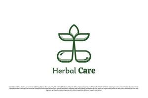 Herbal pill logo design illustration. Silhouette line art herbal tablet medicine local traditional health wellness medical care natural herbal pharmacy clinic. Modern simple minimalist concept icon. vector