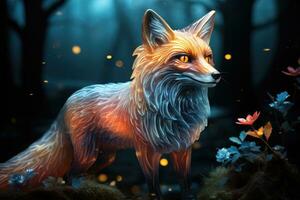 Spirit of the fox standing at night in the forest Generative AI photo