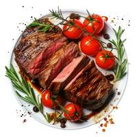 A image of Delicious Grilled Steak with Roasted Tomatoes in plate Generative AI photo