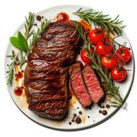 Delicious Grilled Steak with Roasted Tomatoes in plate Generative AI photo