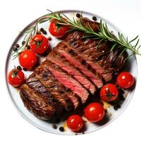 A photo of Delicious Grilled Steak with Roasted Tomatoes in plate Generative AI