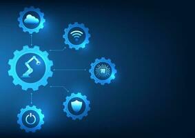 Industry 4.0 business technology is a fully automated industry and uses artificial intelligence. The mechanical arms connected to the icons inside the gears represent the development of the industry. vector