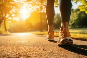 Summer shoes on the asphalt road in the sun - time for summer running. Generative AI photo