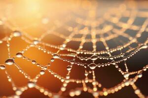 Close up Sunrise backlit dew drops clinging to a delicate spider web. Generative AI photo