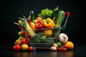 Shopping trolley full with vegetables and fruits. Generative AI photo