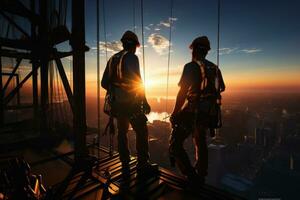 A workers working at height with safety harness. Generative AI photo