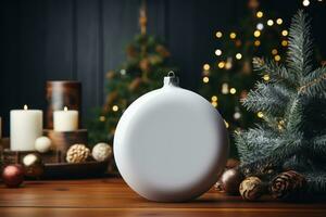 Photo of flat blank mockup decorative on the Christmas tree. Generative AI