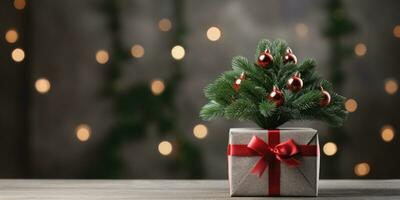 regalo caja con mini Navidad árbol cerca arriba, vacío espacio. generativo ai foto