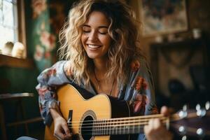 alegre joven mujer jugando acústico guitarra en vivo habitación. generativo ai foto