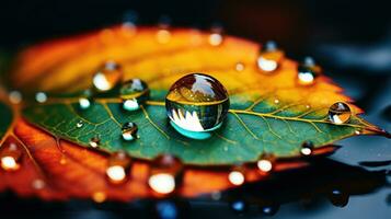 Extreme close up photography of a drop on a colorful leaf. Generative AI photo