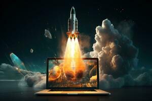 AI Generated Launching Space Rocket From Laptop Screen. Generative AI photo