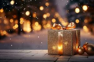 Navidad regalo en de madera mesa. Navidad pueblo en un Nevado noche en Clásico estilo. generativo ai foto