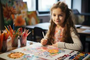 Children coloring activity in a classroom. Generative AI photo