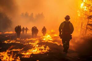 Team of firefighters creating a control line, battling advancing flames. Generative AI photo