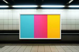 Blank advertising billboard mockup inside subway station. Generative AI photo