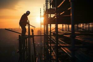 Silhouette construction worker on scaffolding building site. Generative AI photo