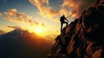 Black silhouette of a climber on a cliff rock with mountains landscape. Generative AI photo