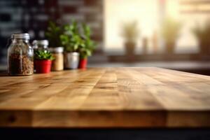 Empty wooden table and blurred kitchen background. Generative AI photo