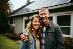 un contento Pareja soportes sonriente en el un grande casa con solar paneles instalado generativo ai foto