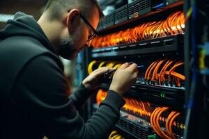 The system administrator configures the wires of the network equipment. Generative AI photo