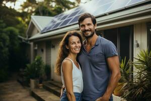 ai generado un contento Pareja soportes sonriente en el un grande casa con solar paneles instalado generativo ai foto