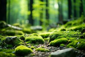 Beautiful Bright Green on the floor in the forest. Generative AI photo