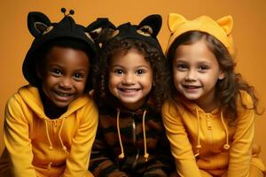 Childrens celebrating halloween on yellow background. Generative AI photo