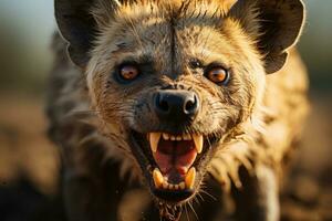 un de cerca Disparo de hiena sorprendentes rostro, sus enfocado ojos, documental foto. generativo ai foto