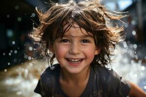 retratos cara niño disfrutar agua parque, agua chapoteo. generativo ai foto