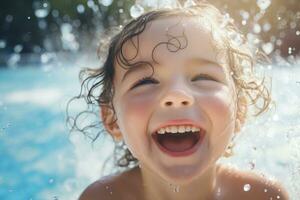 Portraits face kid enjoy water park, water splash. Generative AI photo