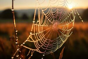 Close up Sunrise backlit dew drops clinging to a delicate spider web. Generative AI photo